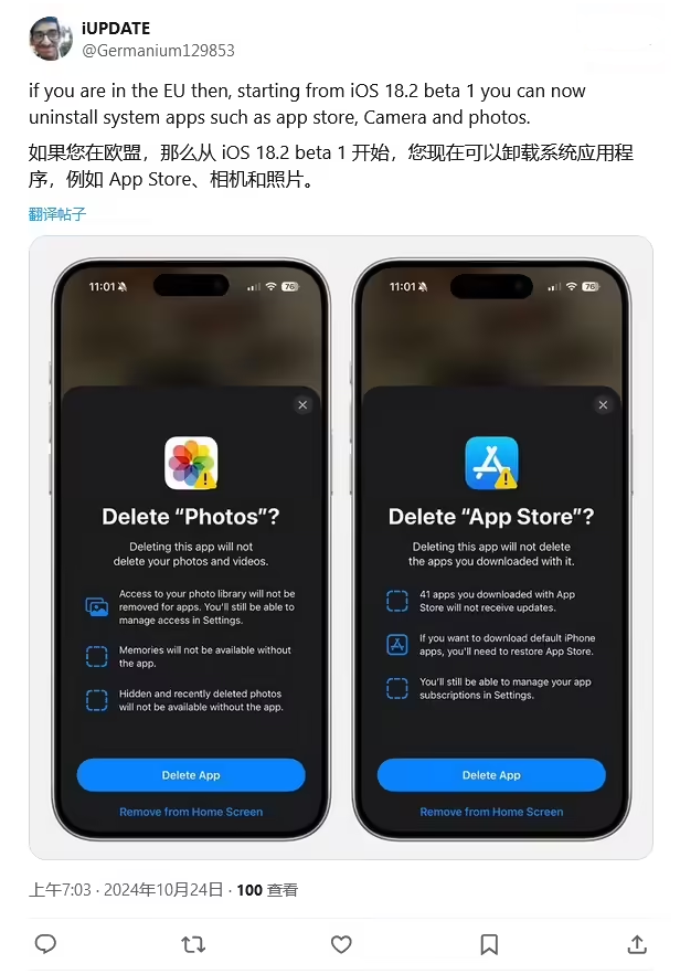 黄流镇苹果手机维修分享iOS 18.2 支持删除 App Store 应用商店 