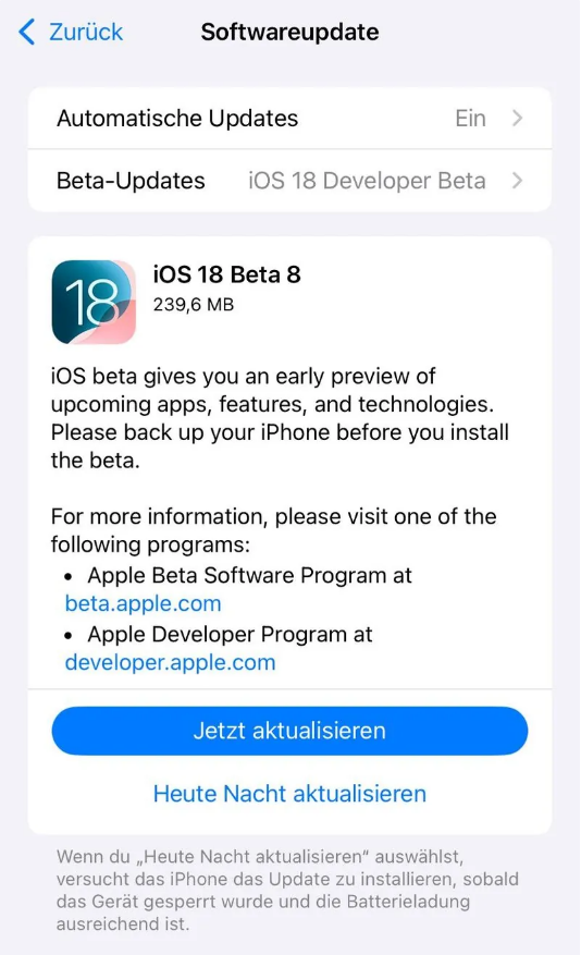 黄流镇苹果手机维修分享苹果 iOS / iPadOS 18 开发者预览版 Beta 8 发布 